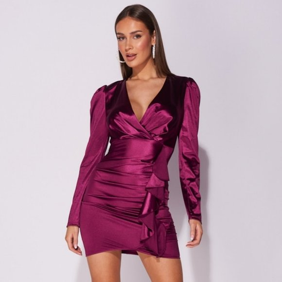 Dresses & Skirts - Purple Satin Silk Long Sleeve V-Neck Bodycon Mini Dress